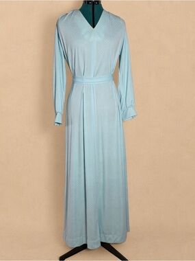 Vintage Pastel Blue Polka Dot Maxi Dress Long Sleeve Tie Waist Cottagecore